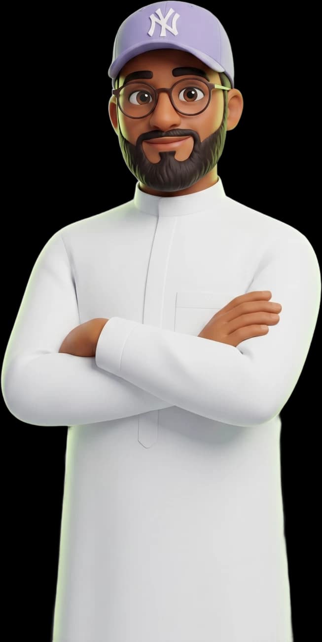 Ibrahim Shareef as a 3D character, arms confidently crossed.