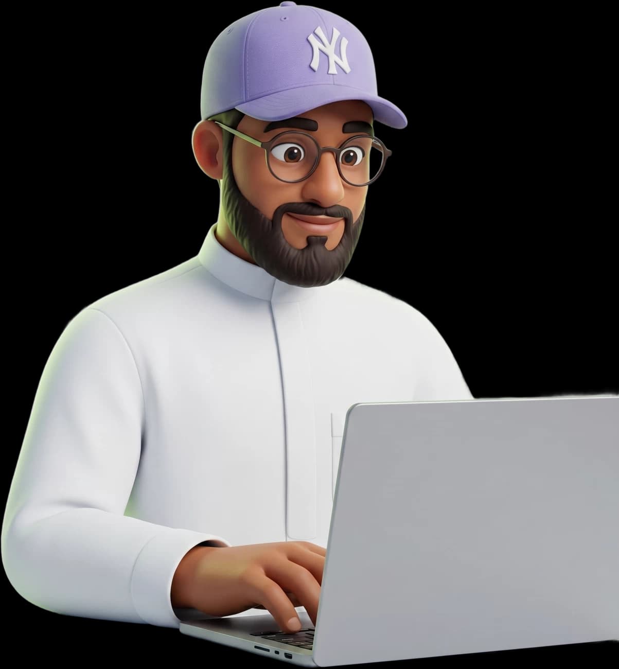 Ibrahim Shareef as a 3D character typing on a laptop.