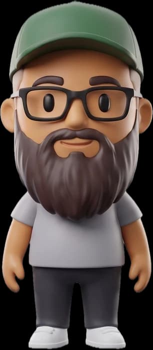 Mini Ibrahim, the 3D mascot: green cap, glasses, beard, grey tee, standing.