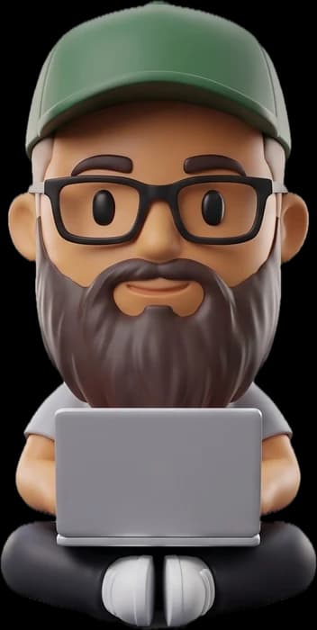 Mini Ibrahim, the 3D mascot, sitting with a laptop open.