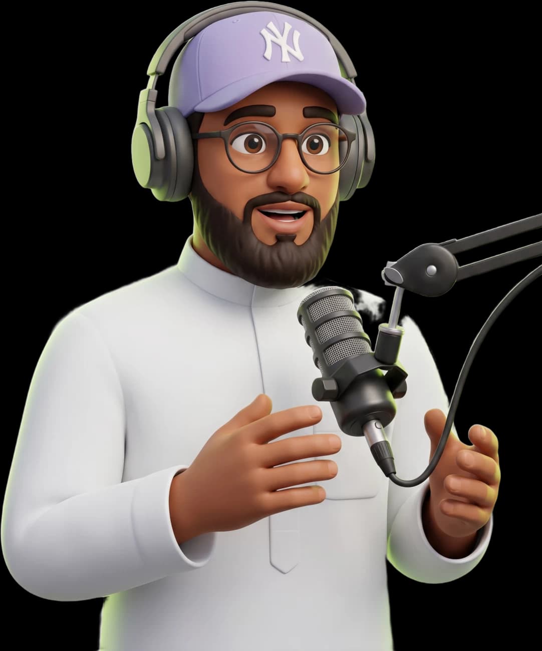 Ibrahim Shareef as a 3D character speaking into a podcast microphone.