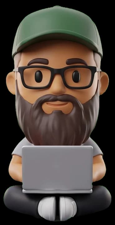 Mini Ibrahim, the 3D mascot: green cap, glasses, beard, sitting with a laptop open.