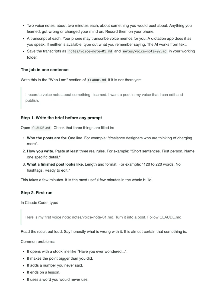 Start-here PDF, page 9: the first build, step 1 write the brief and step 2 the first run