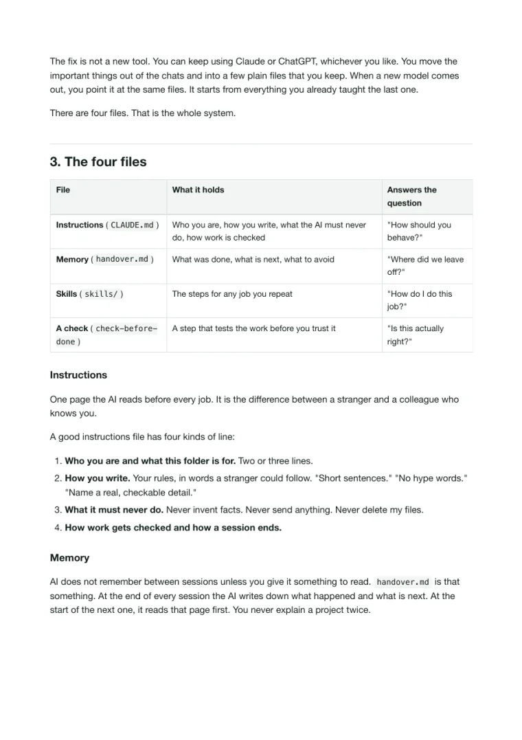 Start-here PDF, page 3: a table of the four files, instructions, memory, skills and a check